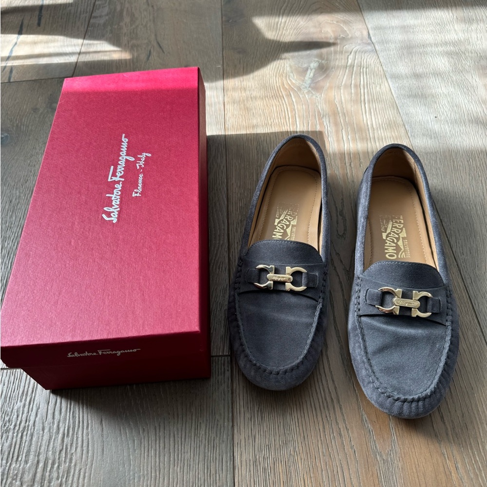 Ferragamo gray suede loafers size 8